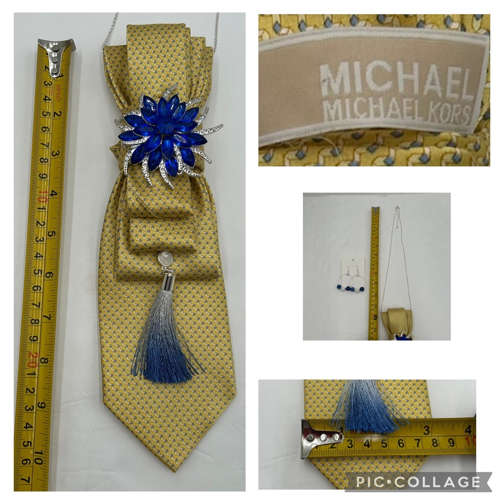 Michael Kors Upcycled Silk Tie Statement Necklace & Beaded Hoop Earring Set Blue - Picture 3 of 12